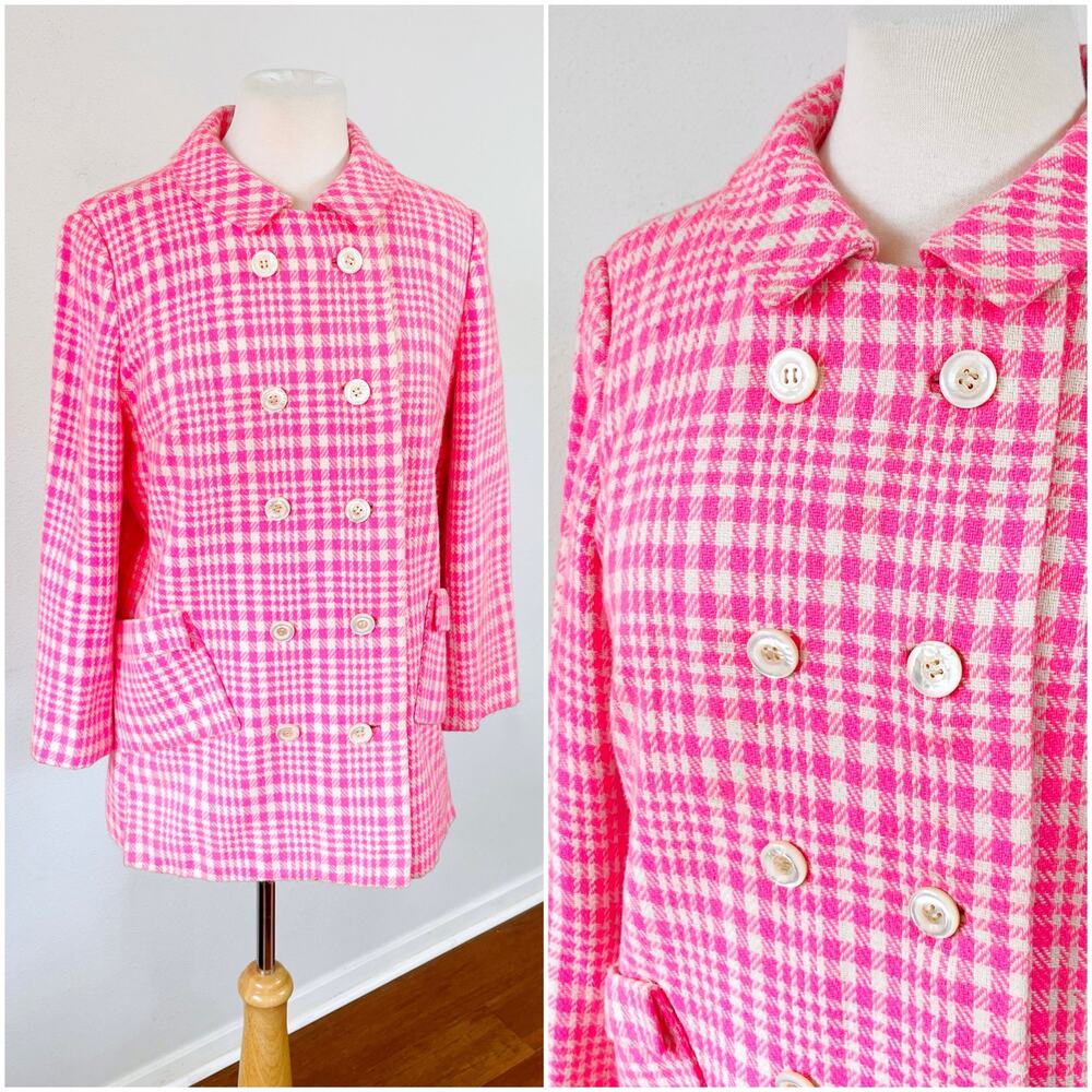 Vintage 60s‎ Hot Pink Houndstooth Tweed Mod Peacoat Jacket // Size Medium